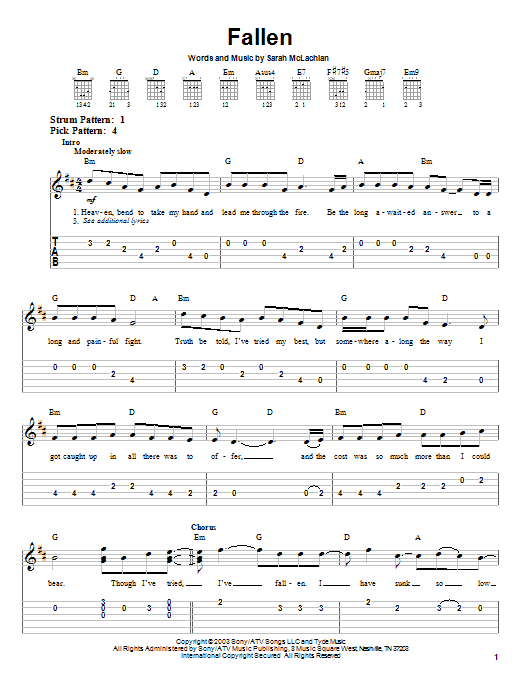 Preview Sarah McLachlan Fallen Pop sheet music, notes and chords for Easy Guitar Tab, SKU: 26783 sheet music, piano notes, chords, guitar tabs, score, transpose, transcribe, how to play, guide, download, learn, tutorial, progression, song, artist, awards, billboard, mtv, vh1, tour, single, album, release