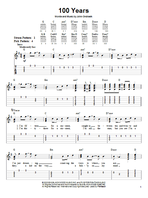 Preview Five For Fighting 100 Years Rock sheet music, notes and chords for Easy Guitar Tab, SKU: 26786 sheet music, piano notes, chords, guitar tabs, score, transpose, transcribe, how to play, guide, download, learn, tutorial, progression, song, artist, awards, billboard, mtv, vh1, tour, single, album, release