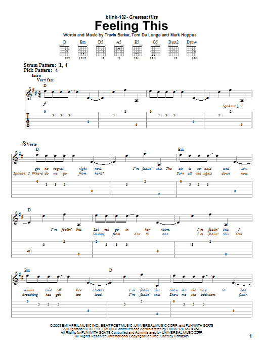 Preview Blink-182 Feeling This Punk sheet music, notes and chords for Easy Guitar Tab, SKU: 26787 sheet music, piano notes, chords, guitar tabs, score, transpose, transcribe, how to play, guide, download, learn, tutorial, progression, song, artist, awards, billboard, mtv, vh1, tour, single, album, release