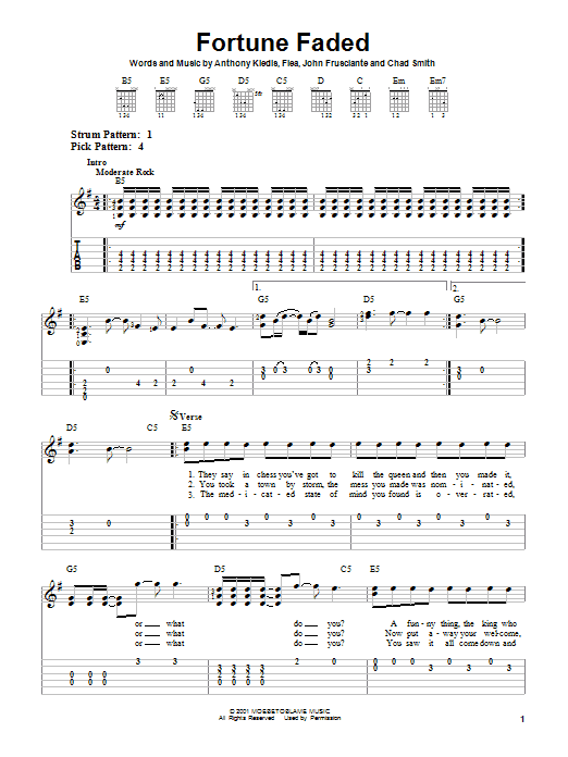 Preview Red Hot Chili Peppers Fortune Faded Pop sheet music, notes and chords for Easy Guitar Tab, SKU: 26788 sheet music, piano notes, chords, guitar tabs, score, transpose, transcribe, how to play, guide, download, learn, tutorial, progression, song, artist, awards, billboard, mtv, vh1, tour, single, album, release
