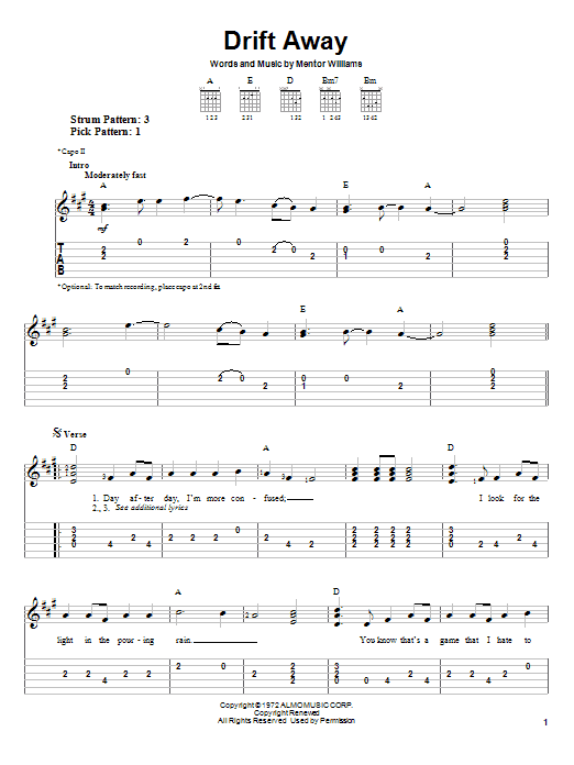 Preview Uncle Kracker Drift Away Rock sheet music, notes and chords for Easy Guitar Tab, SKU: 26789 sheet music, piano notes, chords, guitar tabs, score, transpose, transcribe, how to play, guide, download, learn, tutorial, progression, song, artist, awards, billboard, mtv, vh1, tour, single, album, release