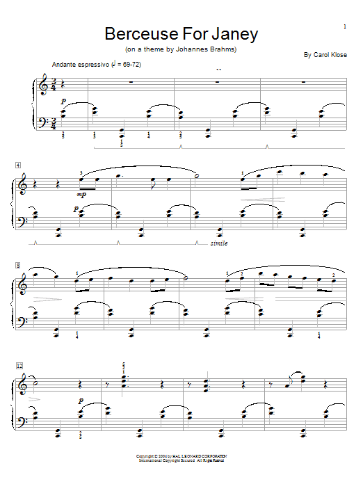 Preview Carol Klose Berceuse For Janey Pop sheet music, notes and chords for Educational Piano, SKU: 26790 sheet music, piano notes, chords, guitar tabs, score, transpose, transcribe, how to play, guide, download, learn, tutorial, progression, song, artist, awards, billboard, mtv, vh1, tour, single, album, release
