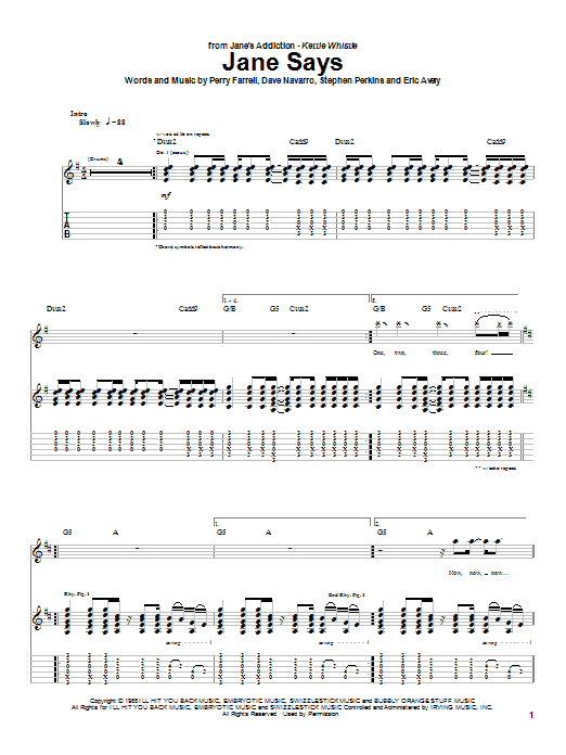Preview Jane's Addiction Jane Says Rock sheet music, notes and chords for Guitar Tab, SKU: 26794 sheet music, piano notes, chords, guitar tabs, score, transpose, transcribe, how to play, guide, download, learn, tutorial, progression, song, artist, awards, billboard, mtv, vh1, tour, single, album, release