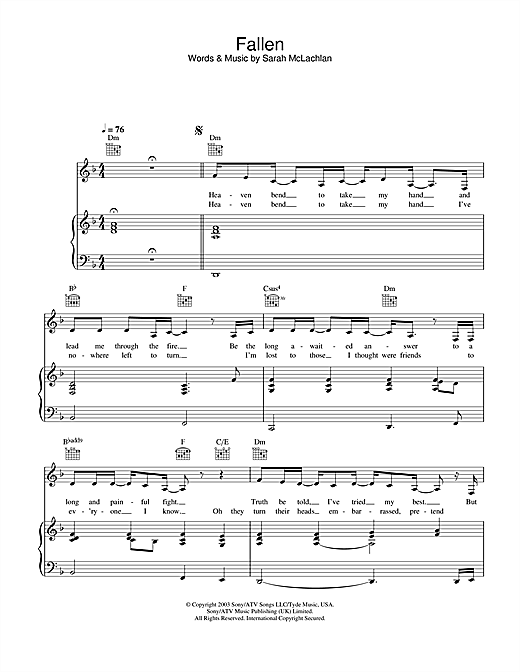 Preview Sarah McLachlan Fallen Pop sheet music, notes and chords for Piano, Vocal & Guitar, SKU: 26802 sheet music, piano notes, chords, guitar tabs, score, transpose, transcribe, how to play, guide, download, learn, tutorial, progression, song, artist, awards, billboard, mtv, vh1, tour, single, album, release