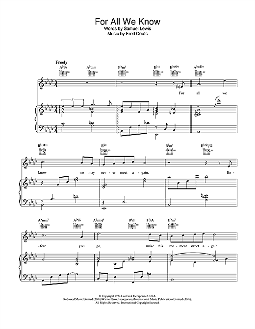 Preview Rod Stewart For All We Know Pop sheet music, notes and chords for Piano, Vocal & Guitar, SKU: 26803 sheet music, piano notes, chords, guitar tabs, score, transpose, transcribe, how to play, guide, download, learn, tutorial, progression, song, artist, awards, billboard, mtv, vh1, tour, single, album, release
