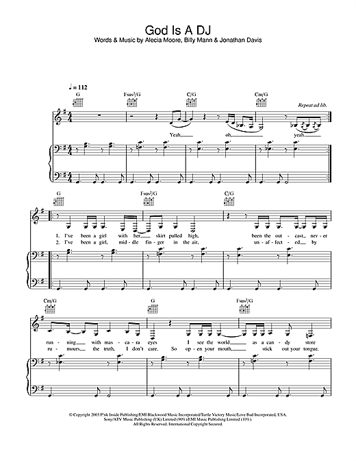 Preview Pink God Is A DJ Pop sheet music, notes and chords for Piano, Vocal & Guitar, SKU: 26804 sheet music, piano notes, chords, guitar tabs, score, transpose, transcribe, how to play, guide, download, learn, tutorial, progression, song, artist, awards, billboard, mtv, vh1, tour, single, album, release