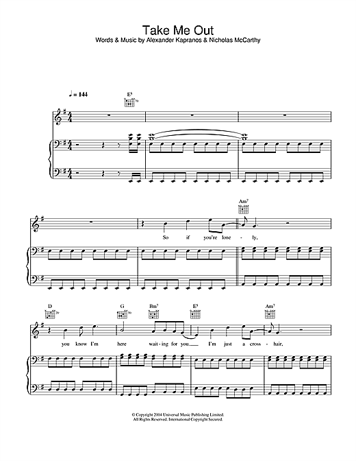 Preview Franz Ferdinand Take Me Out Rock sheet music, notes and chords for Piano, Vocal & Guitar, SKU: 26810 sheet music, piano notes, chords, guitar tabs, score, transpose, transcribe, how to play, guide, download, learn, tutorial, progression, song, artist, awards, billboard, mtv, vh1, tour, single, album, release