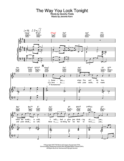 Preview Rod Stewart The Way You Look Tonight Pop sheet music, notes and chords for Piano, Vocal & Guitar, SKU: 26815 sheet music, piano notes, chords, guitar tabs, score, transpose, transcribe, how to play, guide, download, learn, tutorial, progression, song, artist, awards, billboard, mtv, vh1, tour, single, album, release