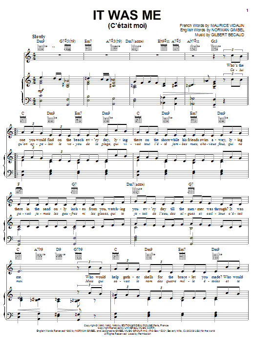 Preview Norman Gimbel It Was Me (C'etait Moi) Soul sheet music, notes and chords for Piano, Vocal & Guitar (Right-Hand Melody), SKU: 26829 sheet music, piano notes, chords, guitar tabs, score, transpose, transcribe, how to play, guide, download, learn, tutorial, progression, song, artist, awards, billboard, mtv, vh1, tour, single, album, release
