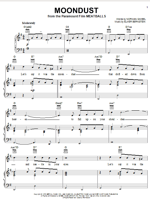 Preview Norman Gimbel Moondust World sheet music, notes and chords for Piano, Vocal & Guitar (Right-Hand Melody), SKU: 26831 sheet music, piano notes, chords, guitar tabs, score, transpose, transcribe, how to play, guide, download, learn, tutorial, progression, song, artist, awards, billboard, mtv, vh1, tour, single, album, release