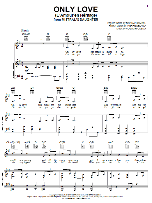 Preview Norman Gimbel Only Love (L'Amour en Heritage) World sheet music, notes and chords for Piano, Vocal & Guitar (Right-Hand Melody), SKU: 26832 sheet music, piano notes, chords, guitar tabs, score, transpose, transcribe, how to play, guide, download, learn, tutorial, progression, song, artist, awards, billboard, mtv, vh1, tour, single, album, release