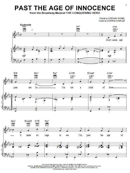 Preview Norman Gimbel Past The Age Of Innocence World sheet music, notes and chords for Piano, Vocal & Guitar (Right-Hand Melody), SKU: 26833 sheet music, piano notes, chords, guitar tabs, score, transpose, transcribe, how to play, guide, download, learn, tutorial, progression, song, artist, awards, billboard, mtv, vh1, tour, single, album, release