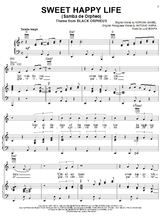 Preview Norman Gimbel Sweet Happy Life (Samba de Orpheo) Jazz sheet music, notes and chords for Piano, Vocal & Guitar (Right-Hand Melody), SKU: 26844 sheet music, piano notes, chords, guitar tabs, score, transpose, transcribe, how to play, guide, download, learn, tutorial, progression, song, artist, awards, billboard, mtv, vh1, tour, single, album, release