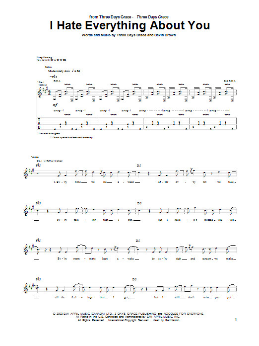 Preview Three Days Grace I Hate Everything About You Rock sheet music, notes and chords for Guitar Tab, SKU: 26849 sheet music, piano notes, chords, guitar tabs, score, transpose, transcribe, how to play, guide, download, learn, tutorial, progression, song, artist, awards, billboard, mtv, vh1, tour, single, album, release