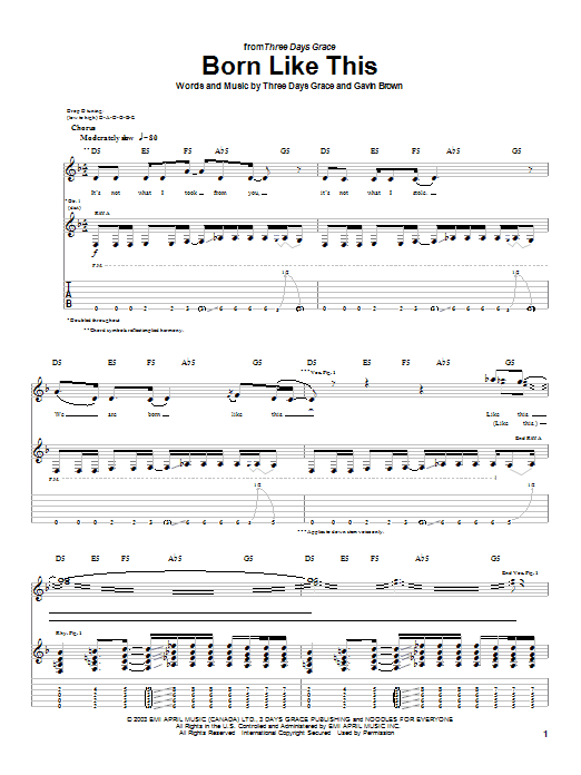 Preview Three Days Grace Born Like This Rock sheet music, notes and chords for Guitar Tab, SKU: 26850 sheet music, piano notes, chords, guitar tabs, score, transpose, transcribe, how to play, guide, download, learn, tutorial, progression, song, artist, awards, billboard, mtv, vh1, tour, single, album, release