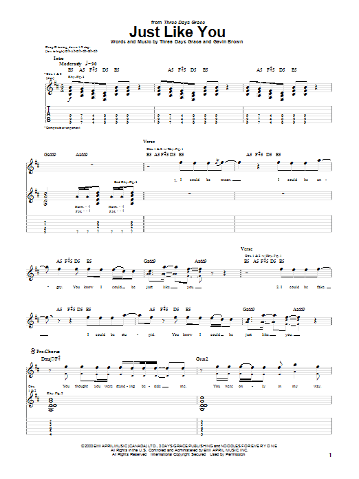 Preview Three Days Grace Just Like You Pop sheet music, notes and chords for Guitar Tab, SKU: 26853 sheet music, piano notes, chords, guitar tabs, score, transpose, transcribe, how to play, guide, download, learn, tutorial, progression, song, artist, awards, billboard, mtv, vh1, tour, single, album, release