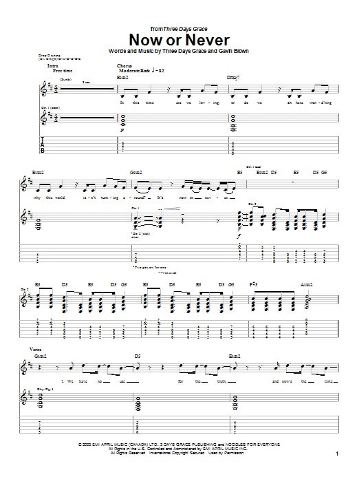 Preview Three Days Grace Now Or Never Rock sheet music, notes and chords for Guitar Tab, SKU: 26854 sheet music, piano notes, chords, guitar tabs, score, transpose, transcribe, how to play, guide, download, learn, tutorial, progression, song, artist, awards, billboard, mtv, vh1, tour, single, album, release