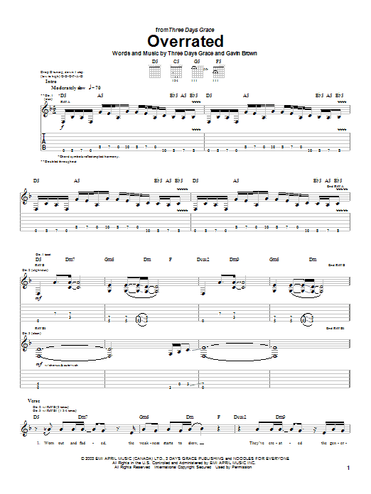 Preview Three Days Grace Overrated Rock sheet music, notes and chords for Guitar Tab, SKU: 26855 sheet music, piano notes, chords, guitar tabs, score, transpose, transcribe, how to play, guide, download, learn, tutorial, progression, song, artist, awards, billboard, mtv, vh1, tour, single, album, release