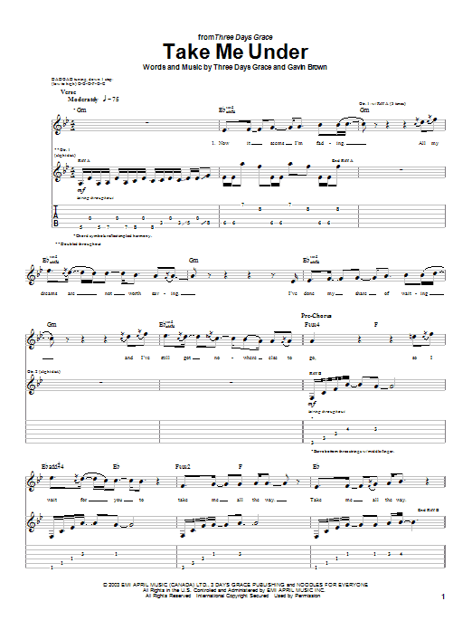 Preview Three Days Grace Take Me Under Rock sheet music, notes and chords for Guitar Tab, SKU: 26856 sheet music, piano notes, chords, guitar tabs, score, transpose, transcribe, how to play, guide, download, learn, tutorial, progression, song, artist, awards, billboard, mtv, vh1, tour, single, album, release