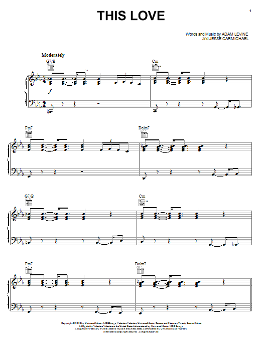 Preview Maroon 5 This Love Rock sheet music, notes and chords for Piano, Vocal & Guitar (Right-Hand Melody), SKU: 26861 sheet music, piano notes, chords, guitar tabs, score, transpose, transcribe, how to play, guide, download, learn, tutorial, progression, song, artist, awards, billboard, mtv, vh1, tour, single, album, release