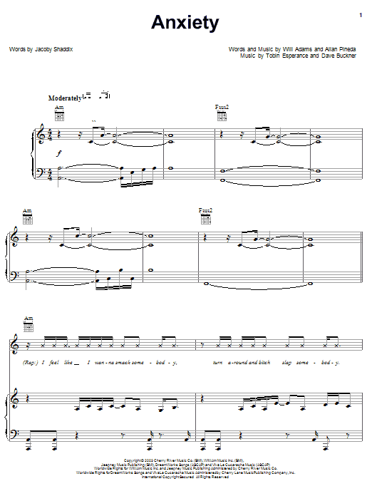 Preview The Black Eyed Peas Anxiety R & B sheet music, notes and chords for Piano, Vocal & Guitar (Right-Hand Melody), SKU: 26862 sheet music, piano notes, chords, guitar tabs, score, transpose, transcribe, how to play, guide, download, learn, tutorial, progression, song, artist, awards, billboard, mtv, vh1, tour, single, album, release
