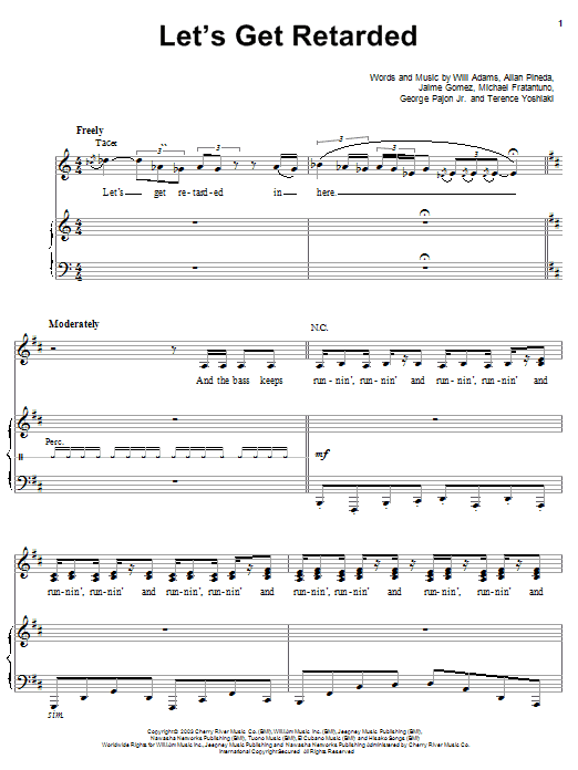 Preview The Black Eyed Peas Let's Get Retarded Pop sheet music, notes and chords for Piano, Vocal & Guitar (Right-Hand Melody), SKU: 26868 sheet music, piano notes, chords, guitar tabs, score, transpose, transcribe, how to play, guide, download, learn, tutorial, progression, song, artist, awards, billboard, mtv, vh1, tour, single, album, release