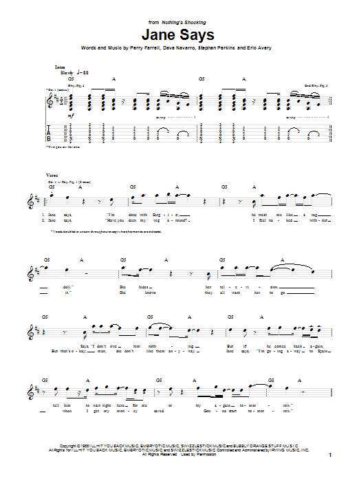 Preview Jane's Addiction Jane Says Rock sheet music, notes and chords for Guitar Tab, SKU: 26874 sheet music, piano notes, chords, guitar tabs, score, transpose, transcribe, how to play, guide, download, learn, tutorial, progression, song, artist, awards, billboard, mtv, vh1, tour, single, album, release