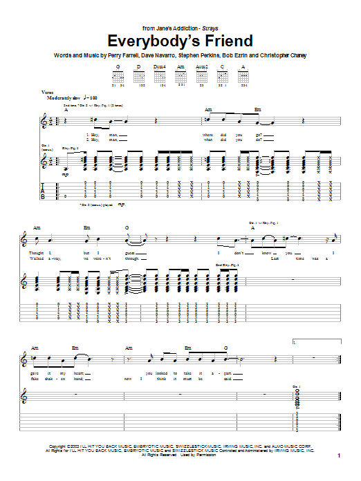 Preview Jane's Addiction Everybody's Friend Rock sheet music, notes and chords for Guitar Tab, SKU: 26875 sheet music, piano notes, chords, guitar tabs, score, transpose, transcribe, how to play, guide, download, learn, tutorial, progression, song, artist, awards, billboard, mtv, vh1, tour, single, album, release