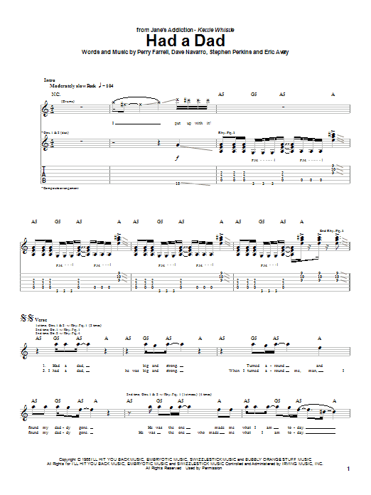 Preview Jane's Addiction Had A Dad Rock sheet music, notes and chords for Guitar Tab, SKU: 26877 sheet music, piano notes, chords, guitar tabs, score, transpose, transcribe, how to play, guide, download, learn, tutorial, progression, song, artist, awards, billboard, mtv, vh1, tour, single, album, release