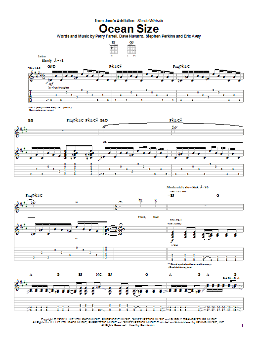 Preview Jane's Addiction Ocean Size Rock sheet music, notes and chords for Guitar Tab, SKU: 26878 sheet music, piano notes, chords, guitar tabs, score, transpose, transcribe, how to play, guide, download, learn, tutorial, progression, song, artist, awards, billboard, mtv, vh1, tour, single, album, release