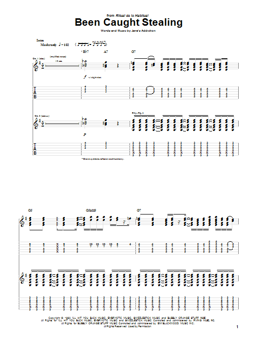 Preview Jane's Addiction Been Caught Stealing Metal sheet music, notes and chords for Guitar Tab, SKU: 26880 sheet music, piano notes, chords, guitar tabs, score, transpose, transcribe, how to play, guide, download, learn, tutorial, progression, song, artist, awards, billboard, mtv, vh1, tour, single, album, release