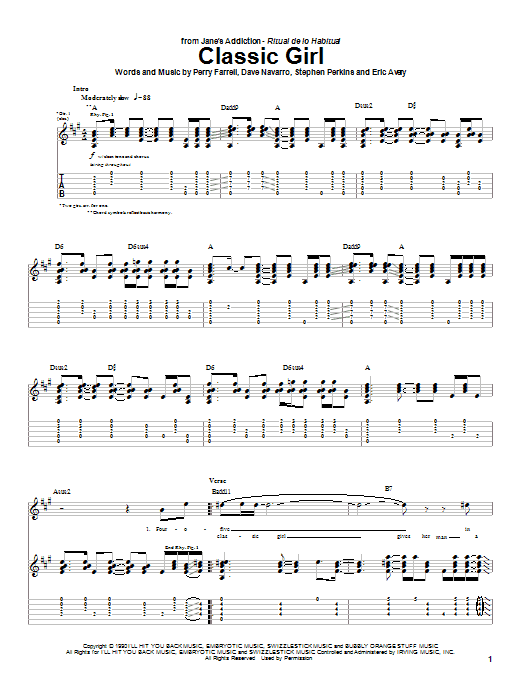 Preview Jane's Addiction Classic Girl Rock sheet music, notes and chords for Guitar Tab, SKU: 26881 sheet music, piano notes, chords, guitar tabs, score, transpose, transcribe, how to play, guide, download, learn, tutorial, progression, song, artist, awards, billboard, mtv, vh1, tour, single, album, release