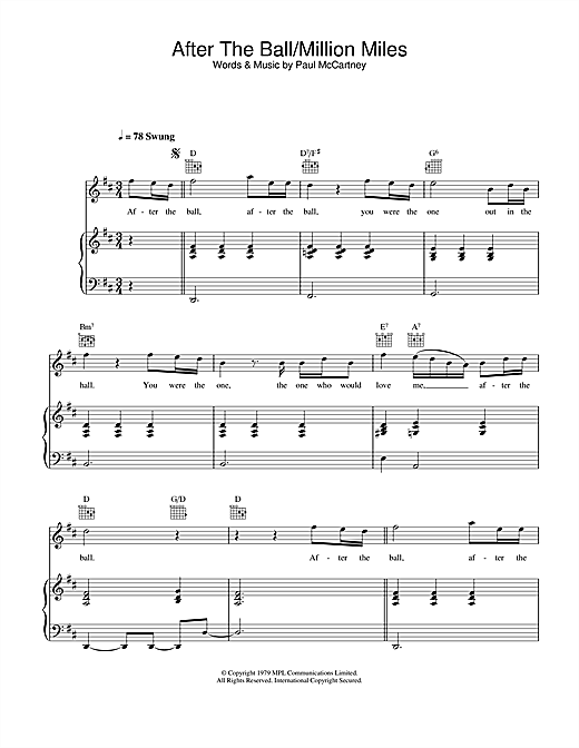 Preview Paul McCartney & Wings After The Ball/Million Miles Rock sheet music, notes and chords for Piano, Vocal & Guitar, SKU: 26883 sheet music, piano notes, chords, guitar tabs, score, transpose, transcribe, how to play, guide, download, learn, tutorial, progression, song, artist, awards, billboard, mtv, vh1, tour, single, album, release