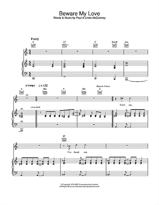 Preview Paul McCartney & Wings Beware My Love Rock sheet music, notes and chords for Piano, Vocal & Guitar, SKU: 26884 sheet music, piano notes, chords, guitar tabs, score, transpose, transcribe, how to play, guide, download, learn, tutorial, progression, song, artist, awards, billboard, mtv, vh1, tour, single, album, release