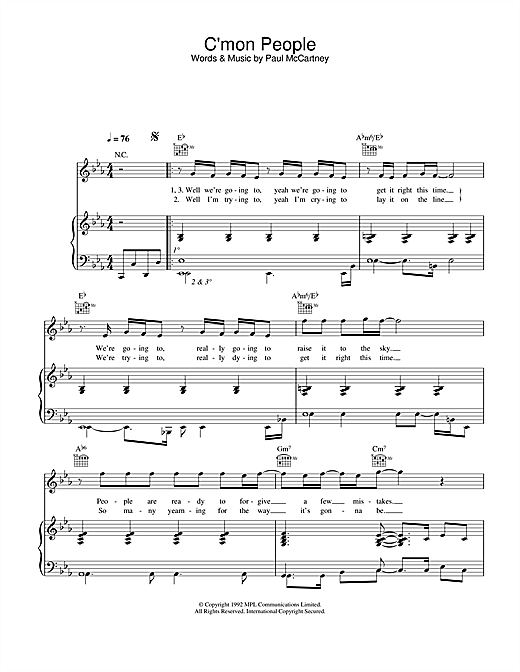 Preview Paul McCartney C'mon People Pop sheet music, notes and chords for Piano, Vocal & Guitar, SKU: 26885 sheet music, piano notes, chords, guitar tabs, score, transpose, transcribe, how to play, guide, download, learn, tutorial, progression, song, artist, awards, billboard, mtv, vh1, tour, single, album, release
