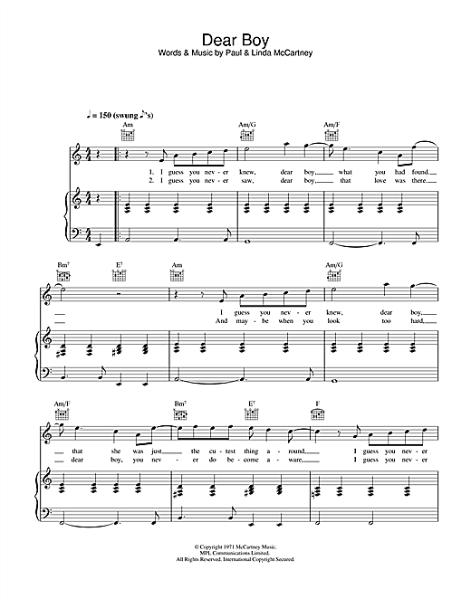 Preview Paul McCartney Dear Boy Pop sheet music, notes and chords for Piano, Vocal & Guitar, SKU: 26886 sheet music, piano notes, chords, guitar tabs, score, transpose, transcribe, how to play, guide, download, learn, tutorial, progression, song, artist, awards, billboard, mtv, vh1, tour, single, album, release