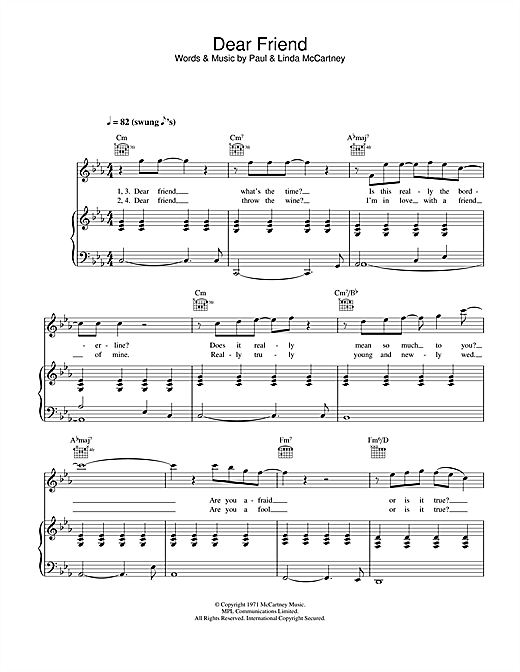 Preview Paul McCartney & Wings Dear Friend Rock sheet music, notes and chords for Piano, Vocal & Guitar, SKU: 26887 sheet music, piano notes, chords, guitar tabs, score, transpose, transcribe, how to play, guide, download, learn, tutorial, progression, song, artist, awards, billboard, mtv, vh1, tour, single, album, release