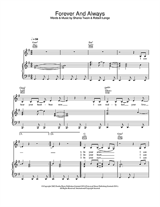 Preview Shania Twain Forever And Always Pop sheet music, notes and chords for Piano, Vocal & Guitar (Right-Hand Melody), SKU: 26888 sheet music, piano notes, chords, guitar tabs, score, transpose, transcribe, how to play, guide, download, learn, tutorial, progression, song, artist, awards, billboard, mtv, vh1, tour, single, album, release