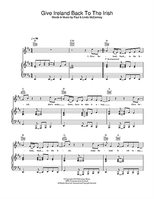 Preview Paul McCartney & Wings Give Ireland Back To The Irish Rock sheet music, notes and chords for Piano, Vocal & Guitar, SKU: 26889 sheet music, piano notes, chords, guitar tabs, score, transpose, transcribe, how to play, guide, download, learn, tutorial, progression, song, artist, awards, billboard, mtv, vh1, tour, single, album, release