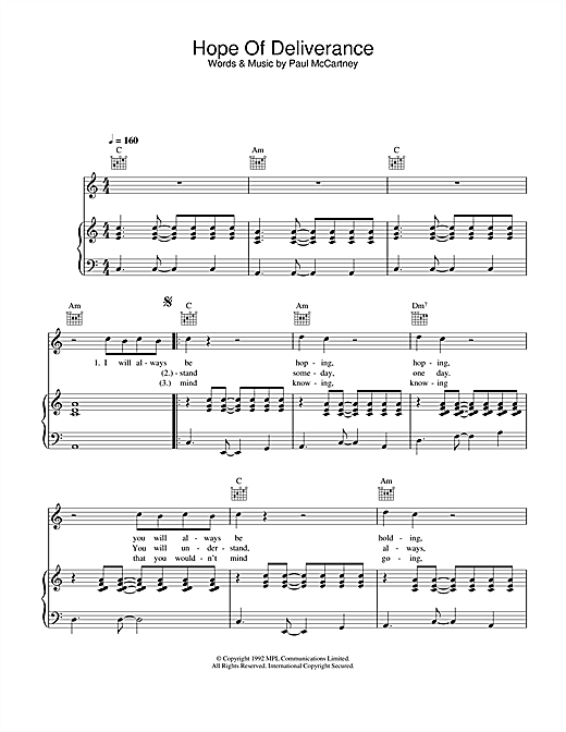 Preview Paul McCartney Hope Of Deliverance Pop sheet music, notes and chords for Piano, Vocal & Guitar, SKU: 26892 sheet music, piano notes, chords, guitar tabs, score, transpose, transcribe, how to play, guide, download, learn, tutorial, progression, song, artist, awards, billboard, mtv, vh1, tour, single, album, release