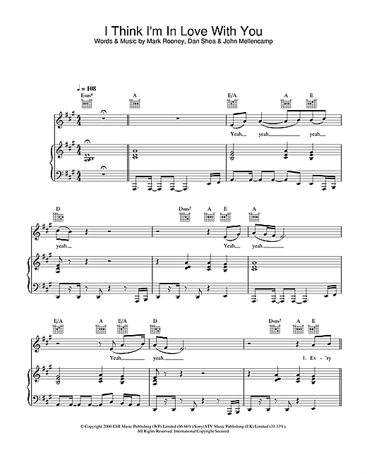 Preview Jessica Simpson I Think I'm In Love With You Pop sheet music, notes and chords for Piano, Vocal & Guitar, SKU: 26893 sheet music, piano notes, chords, guitar tabs, score, transpose, transcribe, how to play, guide, download, learn, tutorial, progression, song, artist, awards, billboard, mtv, vh1, tour, single, album, release