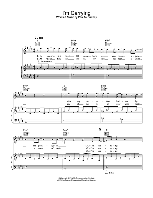 Preview Paul McCartney & Wings I'm Carrying Rock sheet music, notes and chords for Piano, Vocal & Guitar, SKU: 26894 sheet music, piano notes, chords, guitar tabs, score, transpose, transcribe, how to play, guide, download, learn, tutorial, progression, song, artist, awards, billboard, mtv, vh1, tour, single, album, release