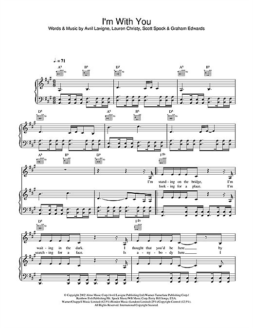 Preview Avril Lavigne I'm With You Pop sheet music, notes and chords for Piano, Vocal & Guitar (Right-Hand Melody), SKU: 26895 sheet music, piano notes, chords, guitar tabs, score, transpose, transcribe, how to play, guide, download, learn, tutorial, progression, song, artist, awards, billboard, mtv, vh1, tour, single, album, release