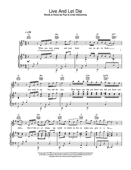 Preview Paul McCartney & Wings Live And Let Die (theme from the James Bond film) Rock sheet music, notes and chords for Piano, Vocal & Guitar (Right-Hand Melody), SKU: 26897 sheet music, piano notes, chords, guitar tabs, score, transpose, transcribe, how to play, guide, download, learn, tutorial, progression, song, artist, awards, billboard, mtv, vh1, tour, single, album, release