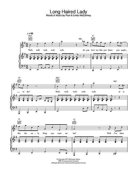 Preview Paul & Linda McCartney Long Haired Lady Pop sheet music, notes and chords for Piano, Vocal & Guitar, SKU: 26898 sheet music, piano notes, chords, guitar tabs, score, transpose, transcribe, how to play, guide, download, learn, tutorial, progression, song, artist, awards, billboard, mtv, vh1, tour, single, album, release