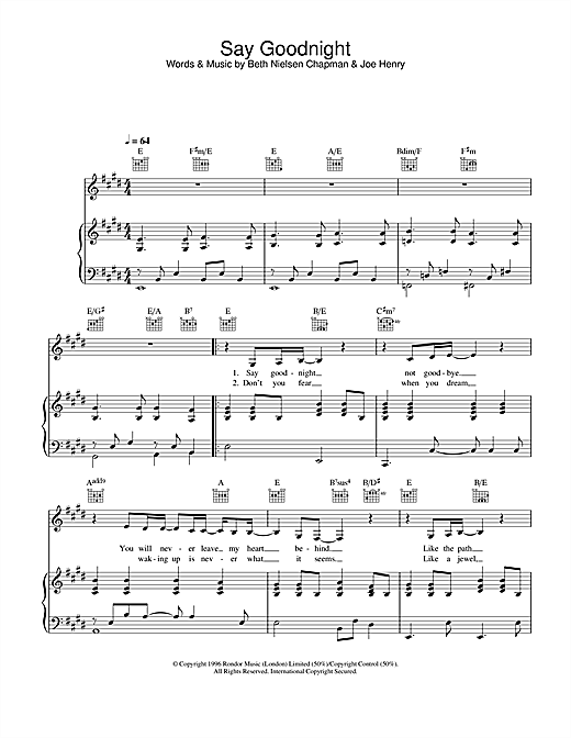 Preview Beth Nielsen Chapman Say Goodnight Pop sheet music, notes and chords for Piano, Vocal & Guitar, SKU: 26899 sheet music, piano notes, chords, guitar tabs, score, transpose, transcribe, how to play, guide, download, learn, tutorial, progression, song, artist, awards, billboard, mtv, vh1, tour, single, album, release