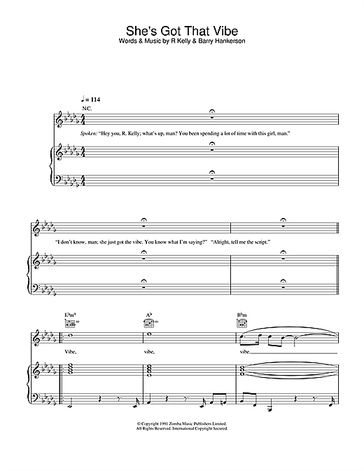 Preview R. Kelly She's Got That Vibe R & B sheet music, notes and chords for Piano, Vocal & Guitar, SKU: 26900 sheet music, piano notes, chords, guitar tabs, score, transpose, transcribe, how to play, guide, download, learn, tutorial, progression, song, artist, awards, billboard, mtv, vh1, tour, single, album, release