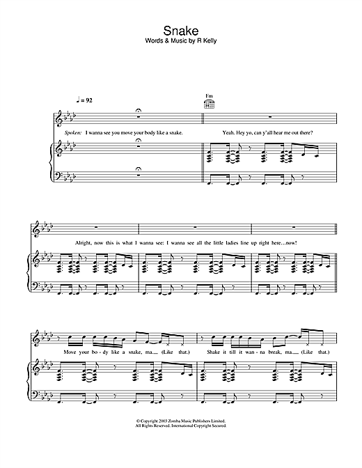 Preview R. Kelly Snake R & B sheet music, notes and chords for Piano, Vocal & Guitar, SKU: 26901 sheet music, piano notes, chords, guitar tabs, score, transpose, transcribe, how to play, guide, download, learn, tutorial, progression, song, artist, awards, billboard, mtv, vh1, tour, single, album, release