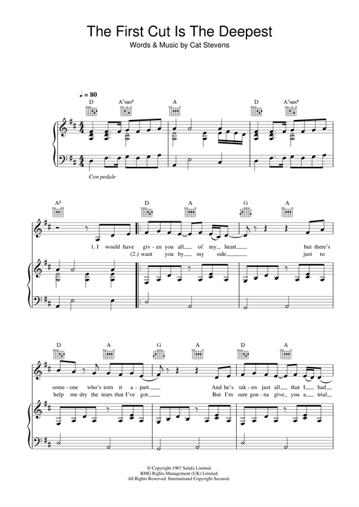 Preview Sheryl Crow The First Cut Is The Deepest Rock sheet music, notes and chords for Piano, Vocal & Guitar, SKU: 26902 sheet music, piano notes, chords, guitar tabs, score, transpose, transcribe, how to play, guide, download, learn, tutorial, progression, song, artist, awards, billboard, mtv, vh1, tour, single, album, release