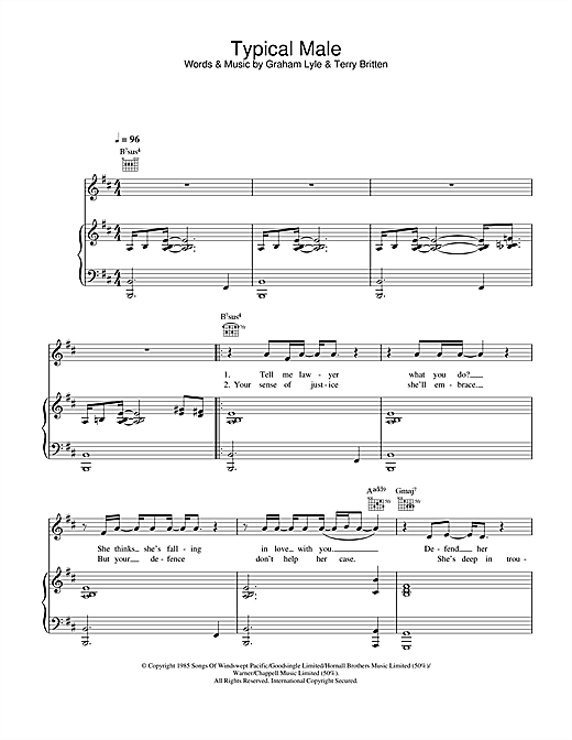 Preview Graham Lyle Typical Male Pop sheet music, notes and chords for Piano, Vocal & Guitar, SKU: 26903 sheet music, piano notes, chords, guitar tabs, score, transpose, transcribe, how to play, guide, download, learn, tutorial, progression, song, artist, awards, billboard, mtv, vh1, tour, single, album, release